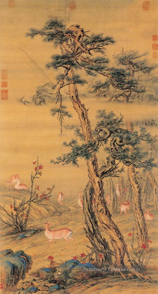 Lang brillant Cerf en automne Art chinois traditionnel Peintures à l'huile